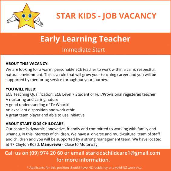 Vacancy - ece teacher provisionally or fully registered